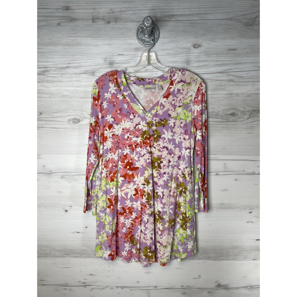 LOGO Lori Goldstein Womens Small Purple Floral‎ V Neck Tunic Top A397492-LIL